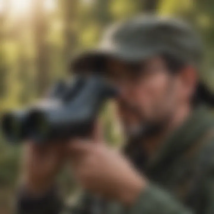 An individual observing birds with binoculars in a natural setting