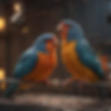 Colorful pet birds perched on a clean cage