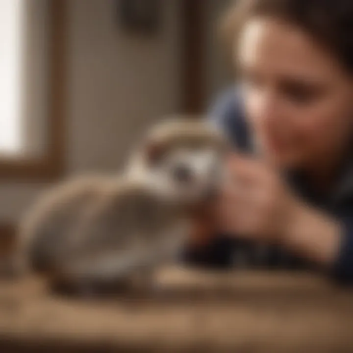 A hedgehog interacting with its owner in a playful manner