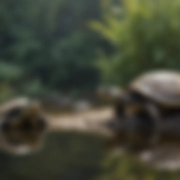 Aquatic turtles interacting in a communal setting