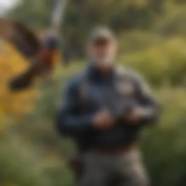 A bird owner training their feathered companion in an open space