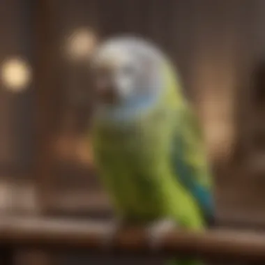 A serene scene of a budgie resting calmly in its cage, representing healing and comfort.