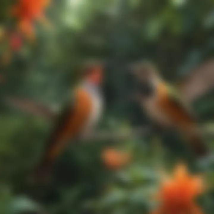 A vibrant garden scene where hummingbirds are feeding from bright feeders