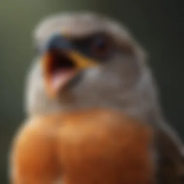 A close-up of a bird in the wild, its beak open as it vocalizes