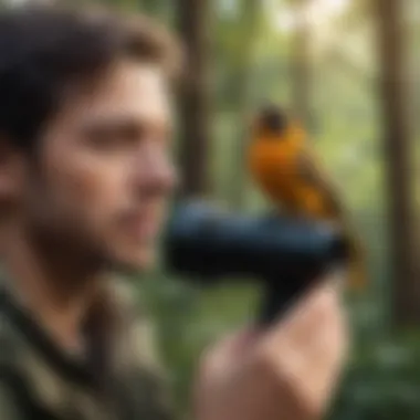 An ornithologist using a smartphone app to identify bird calls in a lush forest.