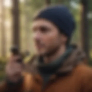 Engaged User Utilizing Bird Call App Outdoors A user interacting with a bird call identification app in nature
