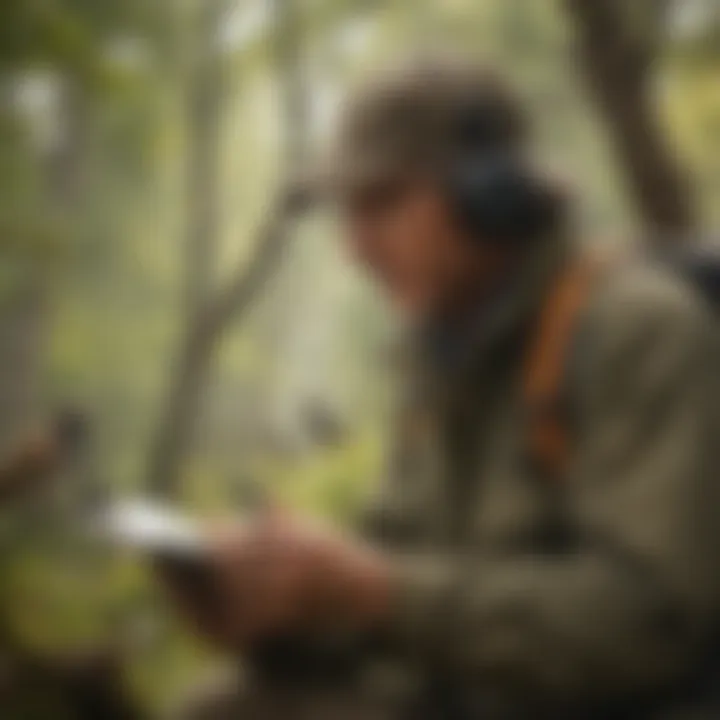 A birdwatcher attentively listening to birds in a vibrant natural habitat, equipped with binoculars and a notebook.