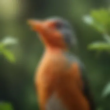 Close-up of a bird’s beak open as it sings, with a blurred background of lush greenery.