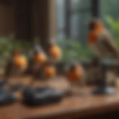 A collection of bird call recording devices on a table.