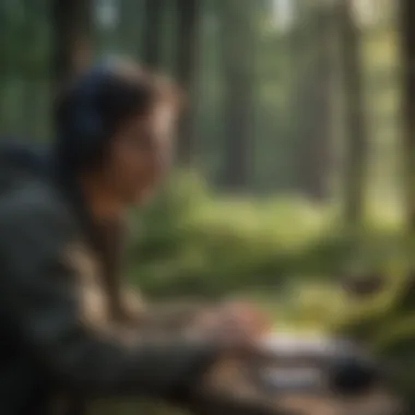 A researcher using headphones while analyzing bird songs in the field.