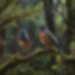 A serene forest scene with various birds perched on branches, each vocalizing distinct sounds.