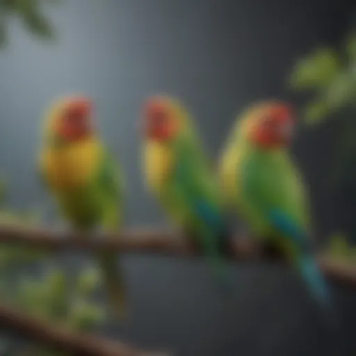 Colorful parakeets perched on a branch