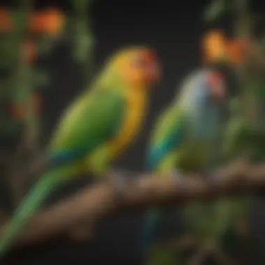 Colorful parakeets perched on a branch, showcasing their vibrant feathers.