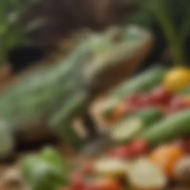 Close-up of iguana enjoying a variety of fresh vegetables and fruits