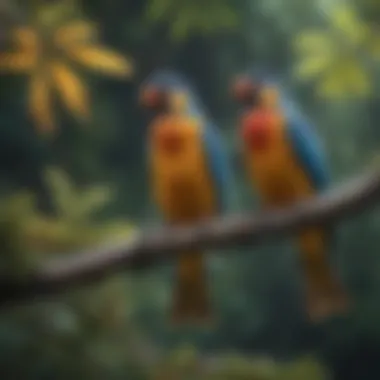 Colorful pet birds perched on a branch in a natural setting