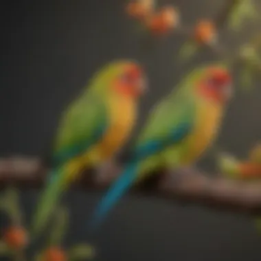 Vibrant Parakeets in Their Natural Habitat Colorful parakeets perched on a branch