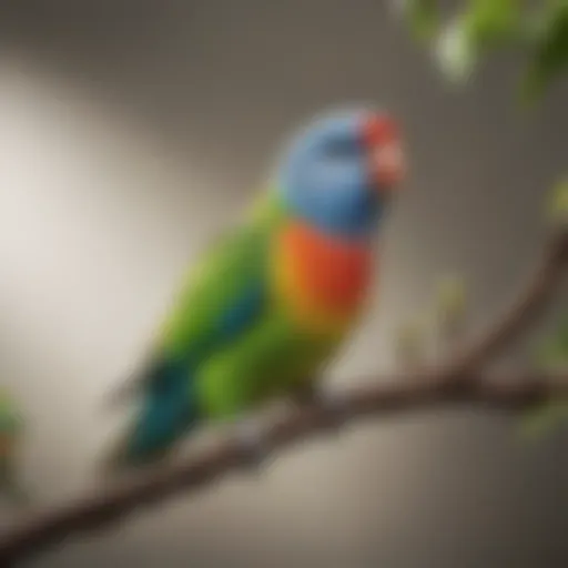 A colorful parakeet perched on a branch, showcasing its vibrant plumage.