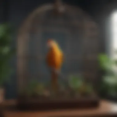 Elegant Indoor Parrot Cage with Natural Elements A beautifully designed indoor parrot cage featuring natural materials