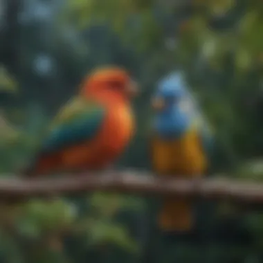 A colorful array of pet birds perched on branches