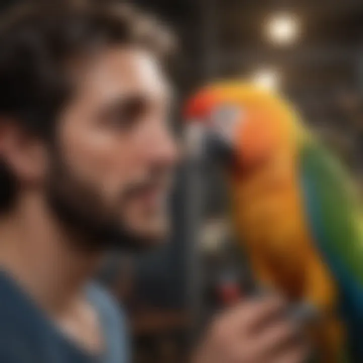 A parrot interacting with its owner