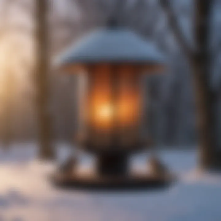 Installation setup of a heated bird feeder in a backyard