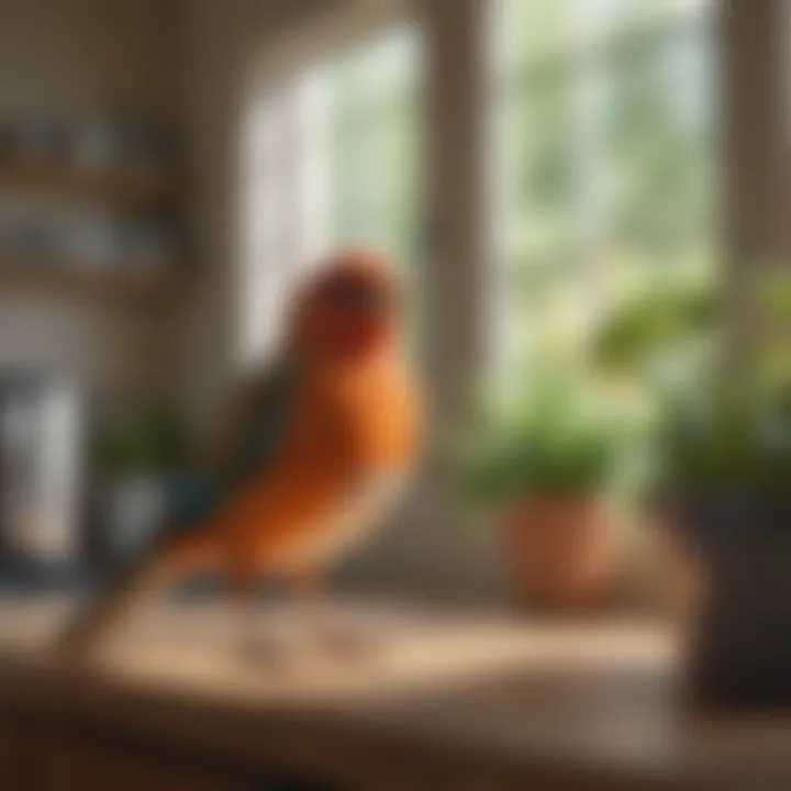 A cheerful bird enjoying time in a kitchen space with open windows and plants.