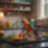 A vibrant parrot perched on a kitchen countertop surrounded by fresh ingredients.