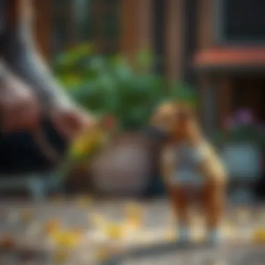 A pet owner introducing a bird to a dog on a leash.