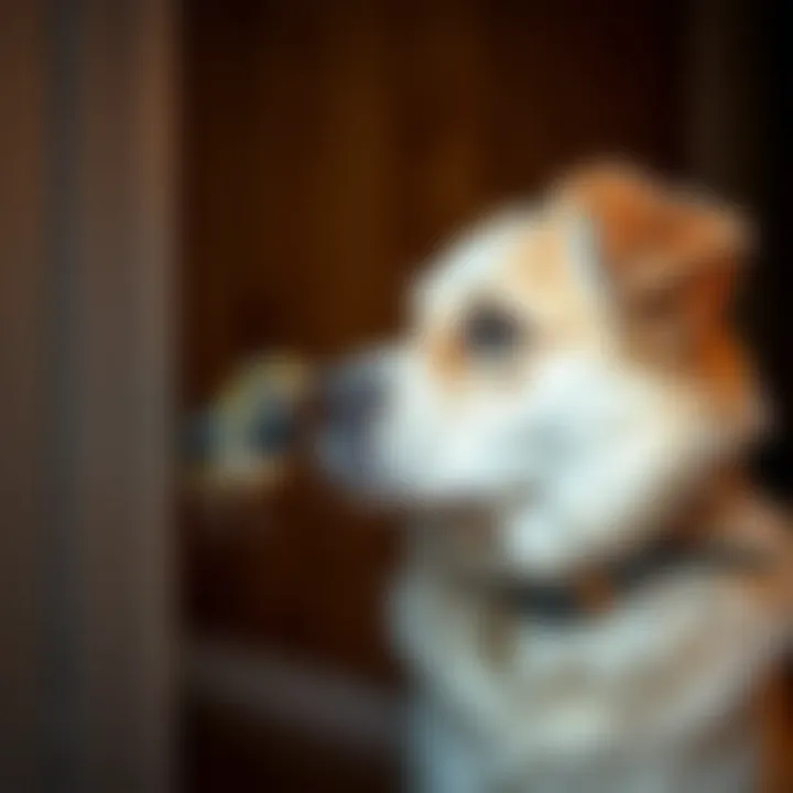 A dog observing a bird in a safe, enclosed space.