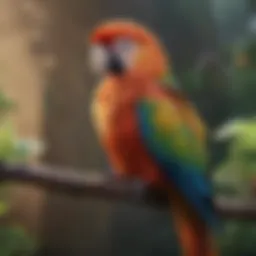 A vibrant parrot perched on a branch showcasing its colorful feathers