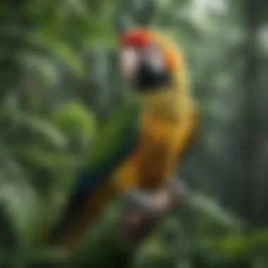 Parrots in Their Natural Habitat A parrot perched amidst lush greenery, highlighting its natural habitat.