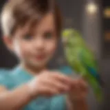 A cheerful parakeet perched on a child's finger