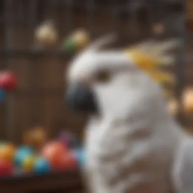 Cockatoo enjoying a variety of toys in a vibrant cage.