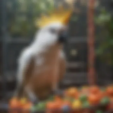 Cockatoo exploring a colorful and stimulating cage environment