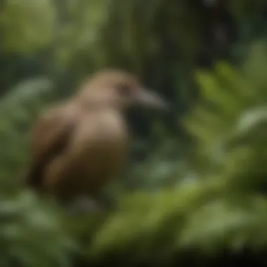 Kiwi Bird in Its Habitat The kiwi bird nestled in lush foliage, emphasizing its nocturnal nature and distinctive features.