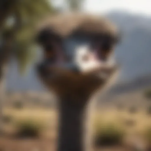 A majestic ostrich in its natural habitat, showcasing its elongated neck and powerful legs.