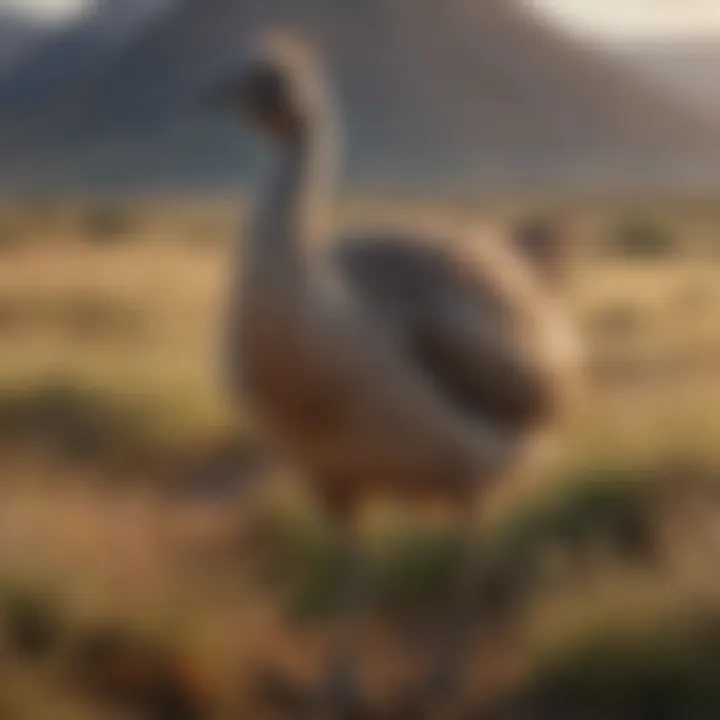 The imposing rhea standing tall against a backdrop of expansive grasslands, symbolizing resilience.