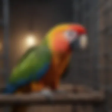 Happy parrot inside a large cage