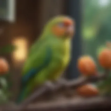 The Charming Parakeet in Its Habitat An elegant parakeet in a cozy aviary setting
