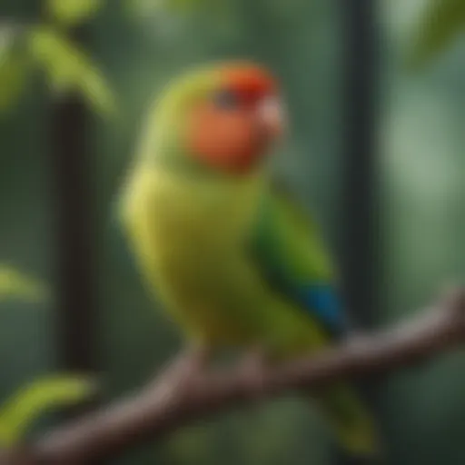 A vibrant parakeet perched on a branch outdoors