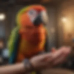 A vibrant parrot perched comfortably on a hand after wing clipping.