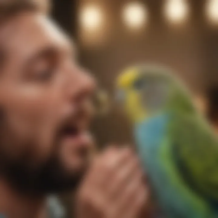 A charming budgerigar interacting playfully with its owner, highlighting companionship.