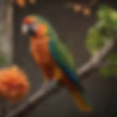 Colorful Companion: The Lively Parrot A vibrant parrot perched on a branch, showcasing its colorful plumage.