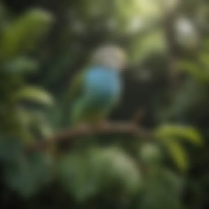 A peaceful budgerigar resting on a perch surrounded by leafy greenery.