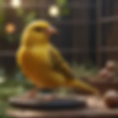 A serene canary singing in a cozy cage filled with natural elements.