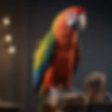 Elegance of a Macaw A vibrant macaw perched elegantly on a luxurious perch, showcasing its stunning plumage.