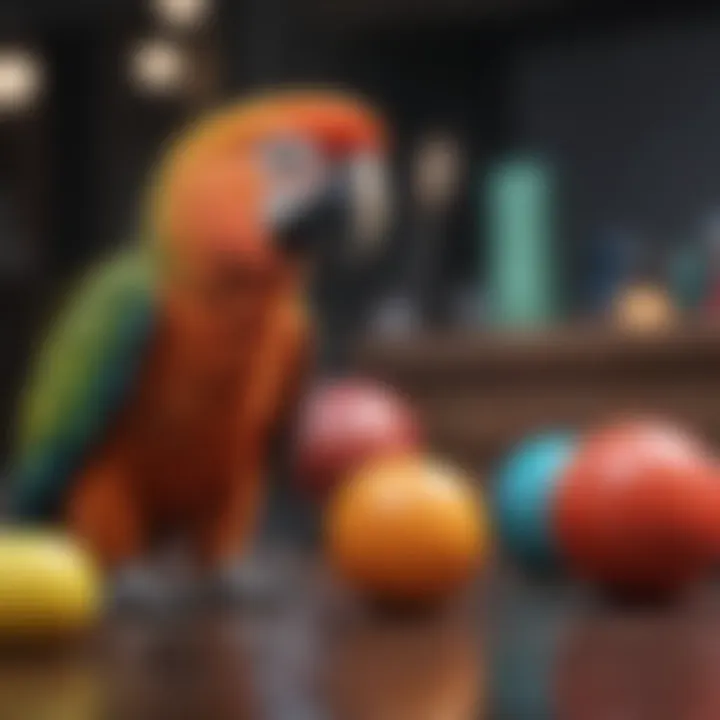 An exquisite parrot interacting playfully with a variety of colorful toys in an enriched environment.