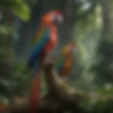 A serene setting depicting a macaw in its habitat, emphasizing natural care needs