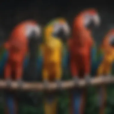 An assortment of macaw species side by side for comparison