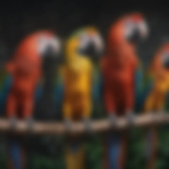 An assortment of macaw species side by side for comparison